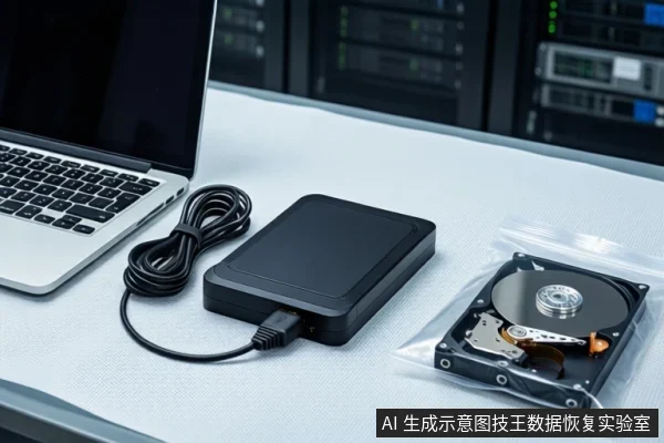 白色桌面上左侧有一台银色笔记本电脑,中间平放一个黑色外接硬盘盒和盘绕的黑色USB线缆,右侧透明防静电袋内装有一块机械硬盘。背景为模糊的服务器机柜。