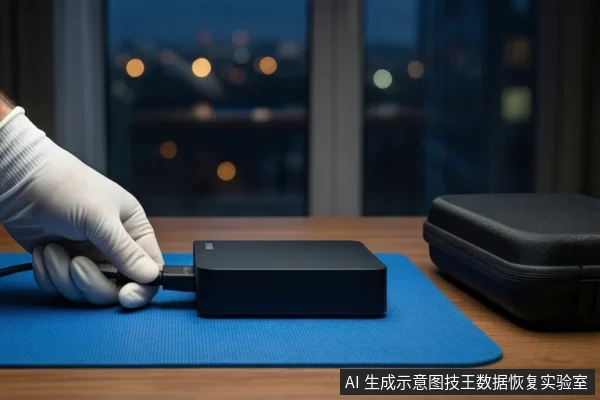 木质桌面上铺着蓝色防静电垫,一只戴白色手套的手正握持黑色USB线缆插头,准备插入或拔出垫子上平放的黑色移动硬盘。右侧放置一个闭合的黑色防震箱,背景为模糊的窗户和城市夜景。