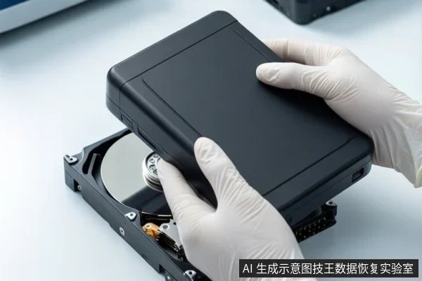 白色桌面上,一双戴白手套的手正将一个黑色硬盘盒盖在一块打开外壳的机械硬盘上,露出盘片与磁头组件。