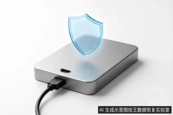 一个银色金属外壳的便携式移动硬盘，侧面连接着黑色数据线。硬盘上方悬浮着一个半透明的蓝色盾牌图标，象征数据保护、加密或安全备份功能。