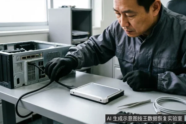 一名身穿深色工装、佩戴黑色防静电手套的技术人员正在灰色工作台上操作。他手持线缆连接至侧开盖的电脑主机背面接口，桌面上放置着一块银色机械硬盘、镊子及键盘，呈现出专业硬件检测与数据恢复的工作环境。