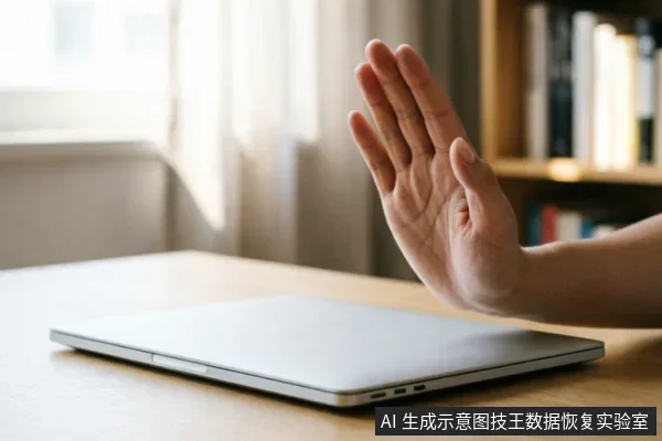 一只手掌在闭合的笔记本电脑前做出明确的停止手势,示意拒绝操作。背景为模糊的书房环境,画面传达了在面对设备故障时立即停止干预、保持断电保护的核心概念。