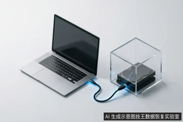 一台银色笔记本电脑通过数据线连接至透明亚克力盒内的机械硬盘,接口处带有蓝色光效,示意外部存储设备的连接与数据读取状态。