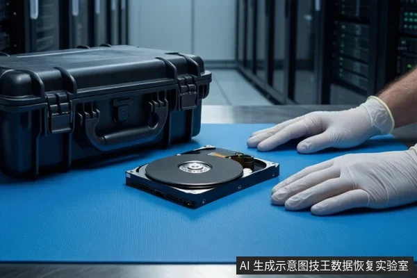 蓝色防静电垫上平放一块打开外壳的机械硬盘,可见盘片与主轴电机。左侧放置一个闭合的黑色防震箱。右侧一双戴白色手套的手平放在垫子上,背景为模糊的服务器机柜。