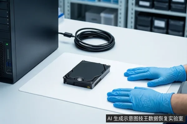 白色桌面上,左侧竖立一台黑色塔式主机,中间白色垫上平放一块闭合的黑色硬盘,上方盘绕一根黑色USB线。前景一双戴蓝色手套的手平放在桌边,背景为模糊的货架。