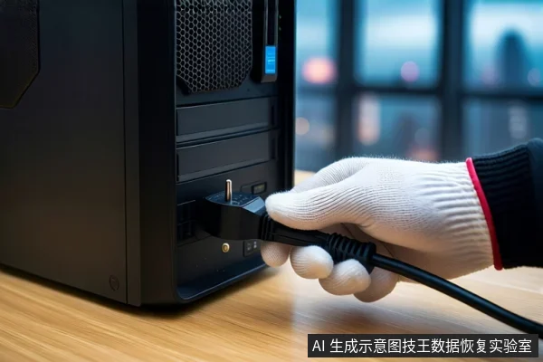 木质桌面上放置一台黑色台式主机，一只戴白色手套的手正握持黑色电源插头，将其插入主机后部接口。背景为模糊的窗户和城市夜景。