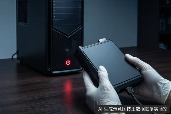 木质桌面上,戴白手套的双手持握一个黑色外接硬盘盒,背景竖立一台亮着红色电源按钮的黑色塔式主机。