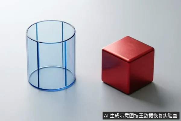 画面展示了一个透明蓝色圆柱体框架和一个红色实心立方体并排置于白色背景上。两者均为抽象几何模型,无任何电子元件、接口或数据恢复设备特征,属于概念化示意图。