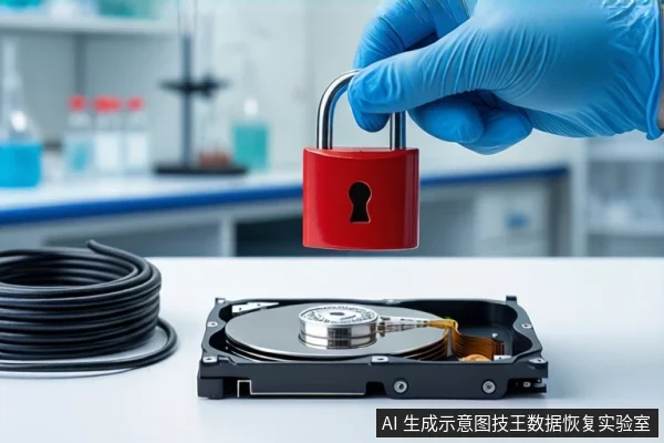 白色桌面上平放一块打开外壳的机械硬盘,左侧盘绕一根黑色线缆。一只戴蓝色手套的手持红色挂锁悬停在硬盘上方,背景为模糊的实验室环境。
