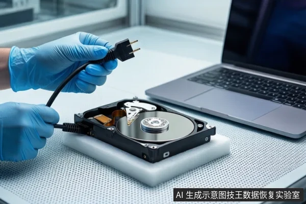 白色防静电工作台上,一双戴蓝色手套的手持黑色电源线插头悬停在打开外壳的机械硬盘上方,右侧有一台银色笔记本电脑。