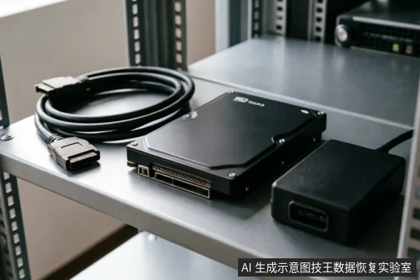 金属机架层板上放置着一块黑色机械硬盘,旁边整齐盘绕着一条SATA数据线,右侧是一个黑色的电源适配器模块。画面展示了数据恢复或硬件检测环境中的外部连接组件,主体清晰,无屏幕文字。