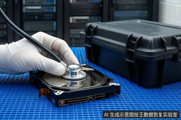 蓝色防静电垫上平放一块打开外壳的机械硬盘，一只戴白色手套的手握持黑色线缆探头接触磁头组件，右侧放置闭合黑色防震箱，背景为模糊服务器机柜。