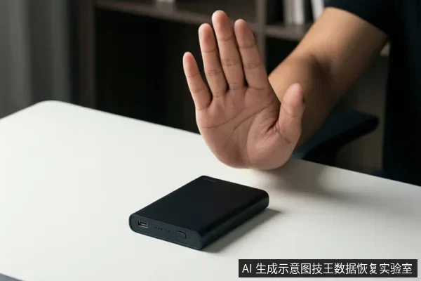 白色桌面上放置一个黑色移动硬盘,旁边有一只手掌做出停止手势。