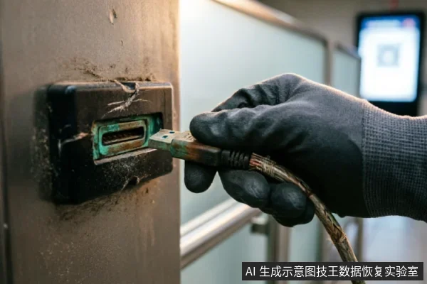 一只戴着黑色防护手套的手正将一根严重氧化、接口处布满绿色铜锈的USB数据线插入金属面板上积满灰尘的插槽中，背景模糊可见电子屏幕，直观展示了因线缆老化和接口脏污导致的连接隐患。