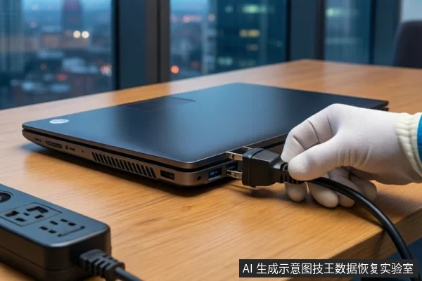 木质桌面上放置一台闭合的黑色笔记本电脑,一只戴白色手套的手正握持黑色电源插头,将其插入笔记本侧面接口。左下角可见一个黑色电源适配器。背景为模糊的窗户和城市夜景。