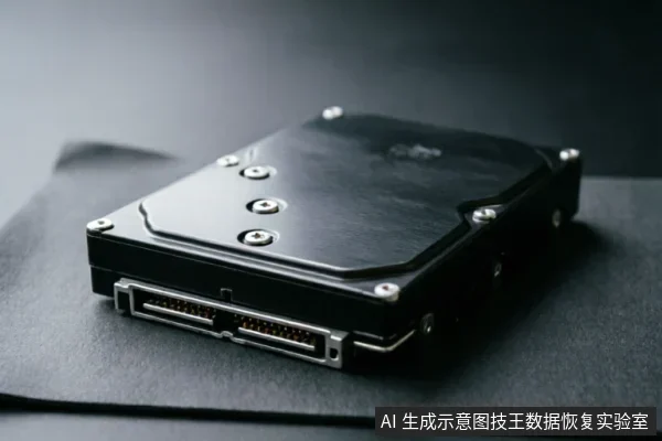 一张黑色机械硬盘背面的特写照片，清晰展示了SATA数据接口与供电接口的金手指细节，以及顶部的金属固定螺丝。硬盘放置在深色纹理背景上，主体完整，无屏幕或纸张文字。