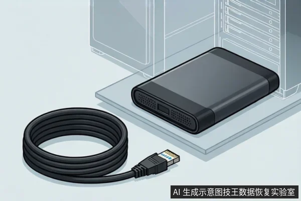 画面展示了一个黑色的移动硬盘和一根盘绕的黑色数据线，数据线末端为SATA接口，背景为线框图风格的电脑主机机箱。