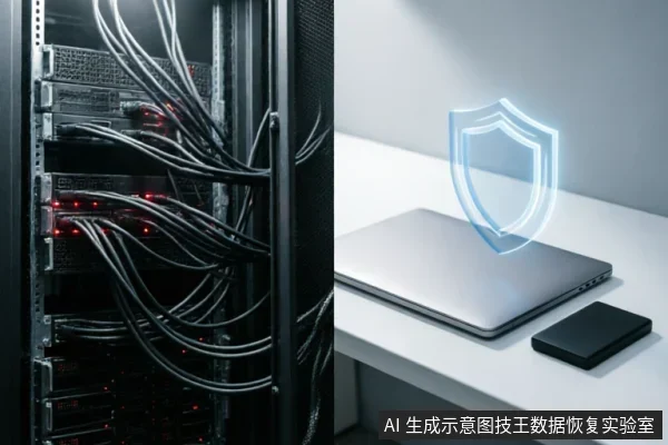 画面左侧为布满线缆与红色指示灯的服务器机柜,右侧白色桌面上放置一台闭合的银色笔记本电脑及黑色移动硬盘,设备上方悬浮着一个发光的蓝色全息盾牌图标,象征数据安全防护。