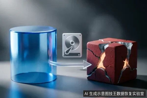 画面展示了从左侧蓝色圆柱体指向右侧红色裂纹方块的箭头,中间悬浮着硬盘图标。蓝色圆柱象征完整数据源,带裂纹且内部发光的方块象征受损存储介质,直观表现数据从完好状态向物理损坏状态的转化或恢复过程。