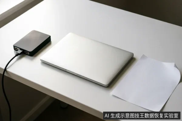 白色桌面上放置着一台闭合的银色笔记本电脑,左侧连接着一个通过线缆相连的黑色外接硬盘盒,右侧放有一张白纸。画面展示了数据恢复或备份场景中的典型硬件连接状态。