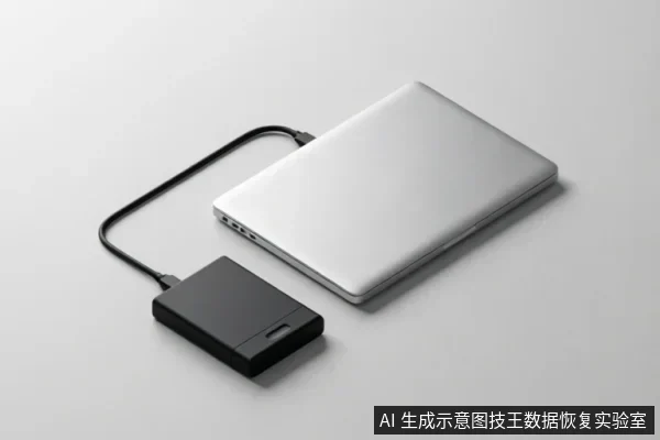画面展示了一台闭合的银色笔记本电脑,通过黑色数据线连接着一个黑色的外接硬盘盒。设备放置在干净的灰白色背景上,清晰呈现了电脑与外部存储设备之间的物理连接状态及接口链路。