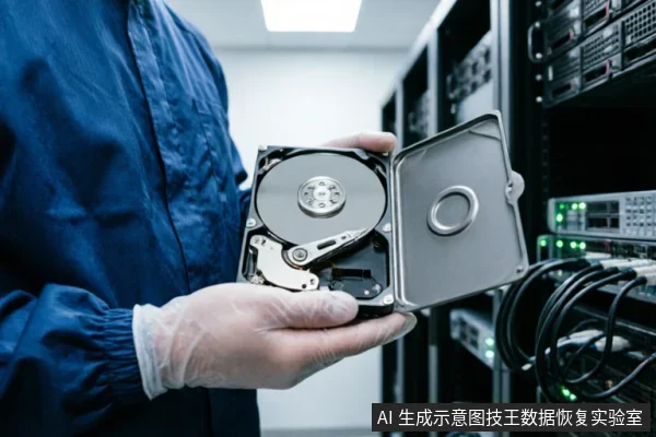 A technician in blue protective gear and gloves holds an open hard drive, exposing the internal platter and actuator arm against a server rack background.