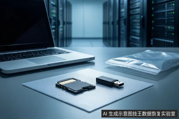 深色桌面上,左侧有一台打开的银色笔记本电脑,中间白色防静电垫上平放一张SD卡和一个U盘。右侧透明防静电袋内装有一个黑色设备,背景为模糊的服务器机柜。