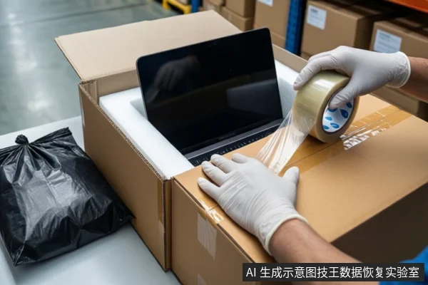 仓库环境中,白色桌面上放置一个装有白色泡沫的纸箱,泡沫中固定着一台黑屏笔记本电脑。左侧放置一个黑色防震袋。一双戴白色手套的手正持一卷透明胶带,准备封箱。背景可见货架和纸箱。