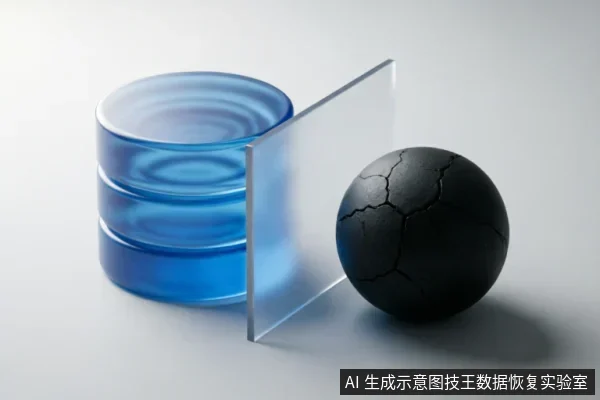 画面左侧为三个叠放的蓝色透明圆柱体，象征数据或存储介质；中间竖立一块透明隔板；右侧为一个表面布满裂纹的黑色球体，象征受损硬件或物理故障。整体呈现抽象概念图风格。