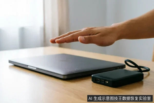 木质桌面上放置着一台闭合的银灰色笔记本电脑,旁边连接着一个黑色的移动存储设备。一只手悬停在设备上方,掌心向下,呈现出准备操作或停止干预的姿态,画面展示了数据恢复排查中的外部连接与状态核对场景。