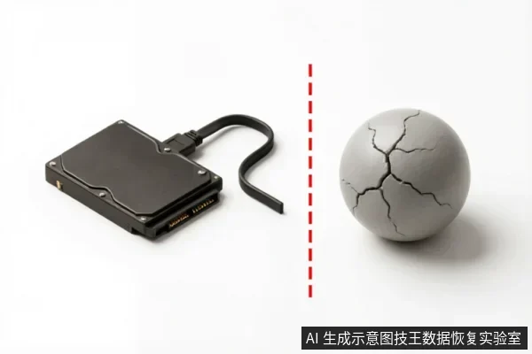 左侧放置一块带有数据线的机械硬盘,右侧为一个表面布满裂纹的灰色球体,中间以红色虚线分隔。画面通过具象化的对比隐喻硬盘内部物理损坏或介质老化导致的故障状态。