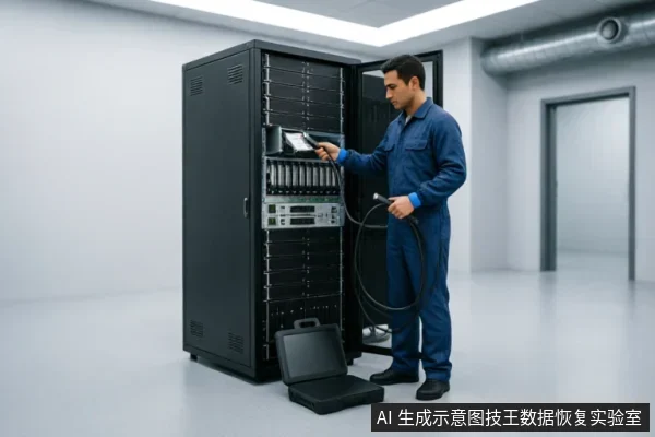 一名身穿蓝色连体工装的维修技术人员站在黑色服务器机柜前,手持线缆和工具正在对内部硬件进行检测维护。地面放有一个打开的黑色工具箱,背景为洁净的机房环境,展示了专业机构进行数据恢复或硬件检修的场景。