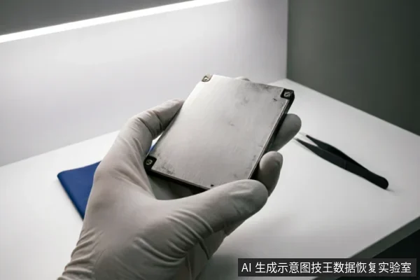 一只戴着白色防静电手套的手正拿着一块银色金属外壳的笔记本硬盘,背景为洁净的白色工作台,旁边放置着蓝色垫布和黑色精密镊子,展示了专业数据恢复环境下的硬件检查场景。
