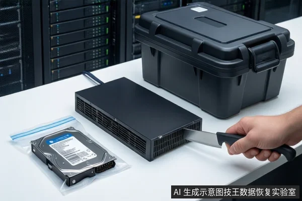 白色桌面上平放一块闭合的黑色机械硬盘，左侧防静电袋内装有一块机械硬盘。右侧一只手持握一把刀具，正插入硬盘侧面。背景为模糊的服务器机柜。