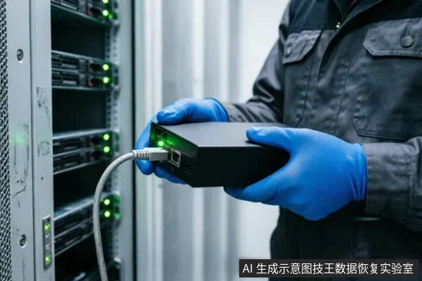 画面展示了一名身穿深色工装、佩戴蓝色防静电手套的技术人员,正手持一个连接着网线的黑色盒状设备。背景为带有绿色指示灯的服务器机柜,体现了在专业机房环境中对存储硬件进行检测或隔离操作的场景。