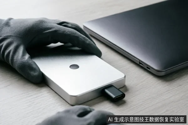 一只戴着黑色防静电手套的手正握持一个银色金属外壳的USB移动硬盘,其Type-C接口已连接至旁边的笔记本电脑侧面端口,展示数据备份或镜像写入的操作场景。