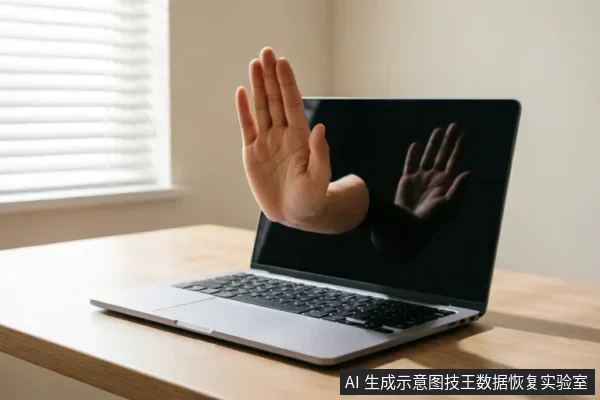 一台放置在木桌上的笔记本电脑,一只手掌从屏幕中伸出并做出停止的手势,示意拒绝或禁止操作。