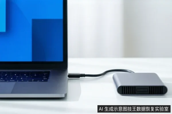 白色桌面上,左侧是一台打开的笔记本电脑,屏幕显示蓝色界面。右侧放置一个银灰色外接硬盘盒,一根黑色线缆连接两者。