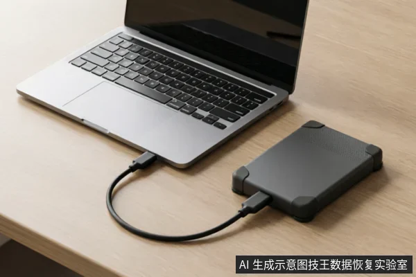 A silver laptop connected to a rugged black external hard drive via a USB cable on a wooden desk, illustrating the physical connection chain.