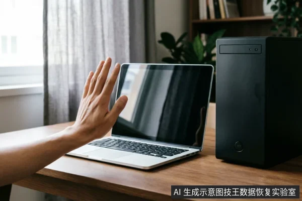 一只手掌在木质桌面前伸出，做出停止或拒绝的手势，挡在一台打开的笔记本电脑前。旁边放置着一个黑色的台式电脑主机箱，背景有窗帘和书架，示意设备故障时的紧急停机与禁止操作。