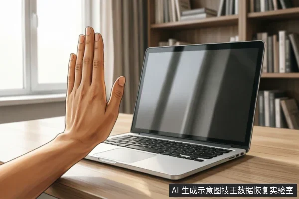 一只手掌在笔记本电脑前做出明显的停止手势,示意拒绝或中断操作。电脑放置在木质桌面上,背景为书架和窗户,象征在硬盘故障时立即停止通电与软件修复,以保护数据安全。