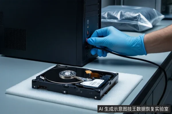 灰色桌面上,左侧有一台黑色塔式电脑主机,右侧白色泡沫垫上平放一块打开外壳的机械硬盘。一只戴蓝色手套的手正持握黑色线缆,将其插入主机前部接口。背景可见防静电袋。