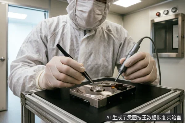 身穿白色防尘服、佩戴口罩和手套的技术人员在无尘实验室环境中,使用精密电动螺丝刀和镊子对已拆解的机械硬盘进行专业维修操作。