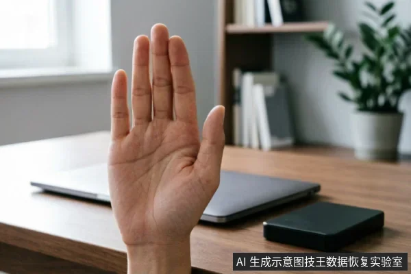 画面展示了一只手掌竖起，做出明确的“停止”手势。背景为木质桌面，桌上放置着一台闭合的笔记本电脑和一个黑色的移动硬盘，环境整洁明亮，暗示在操作存储设备前需暂停并评估风险。