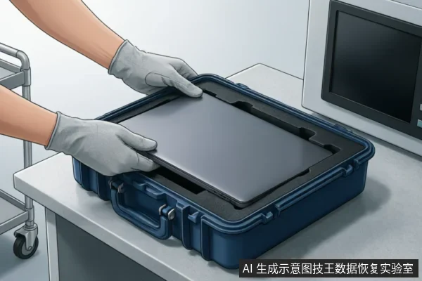 戴着灰色防护手套的工作人员双手将一台银灰色笔记本电脑平稳放入深蓝色硬质防护箱的泡沫内衬中,背景可见实验室工作台及检测设备,展示了专业设备寄递前的安全包装过程。
