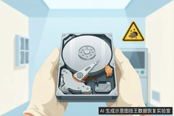 一双戴着白色防护手套的手托举着一个已打开外壳的机械硬盘,清晰展示了内部的磁盘盘片与磁头组件。背景为浅蓝色洁净室环境,墙上贴有黄色警示标识,体现了专业数据恢复实验室的无尘作业场景。
