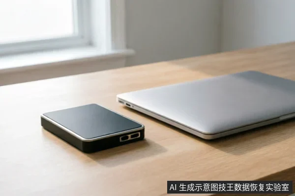木质桌面上放置着一台闭合的银色笔记本电脑,旁边平放着一个黑色的外接移动硬盘盒,侧面可见接口结构。画面展示了典型的外部存储设备连接场景,无屏幕显示或操作动作。