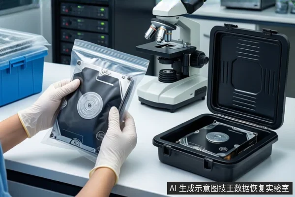 白色桌面上,一双戴白手套的手持握装有机械硬盘的透明防静电袋,右侧打开的黑色防震箱内固定另一块机械硬盘,背景可见显微镜和服务器机柜。