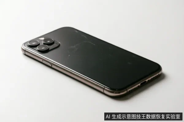 一部黑色智能手机背面斜放在白色背景上,背部玻璃面板可见明显的裂纹与划痕,左上角为三摄镜头模组,底部可见充电接口及扬声器开孔。