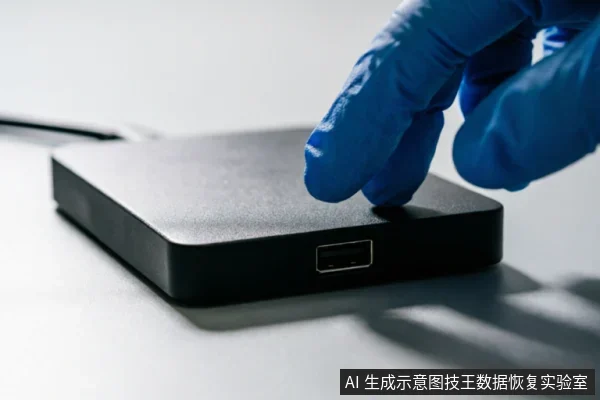一只戴着蓝色防护手套的手正按压在一个黑色移动硬盘盒上,设备侧面可见USB接口,背景简洁,呈现出专业数据恢复或硬件检测的操作场景。